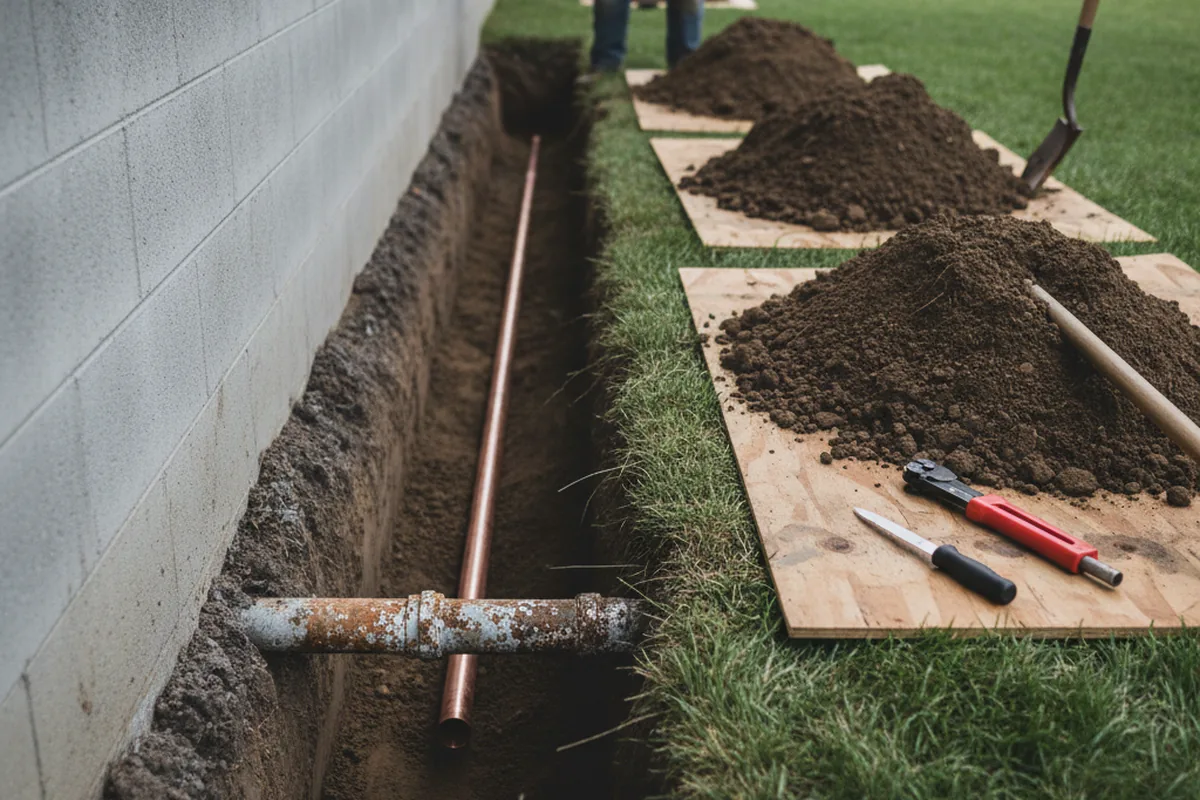 Excavated water line trench during Sewer Line Repair in Monument